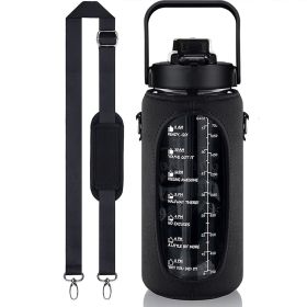 Half-Gallon Water Bottle With Sleeve 2L Leak-Proof, BPA-Free Sports Drinking Bottle With Straw And Custom Time Marker (Color: BLACK)